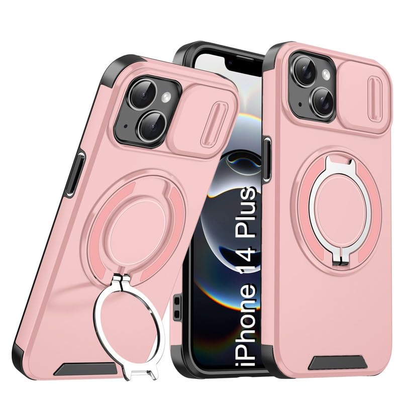Image of LuxuryKase Shockproof Rugged Case for iPhone 14 Plus | Slide Camera Cover | 360 Rotating Ring Kickstand | Military-Grade Protection - Rose Pink