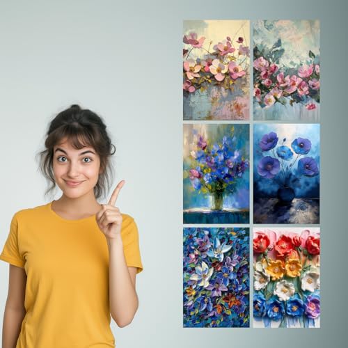 Image of SiddArtify Palette Knife Floral Art Print Set - Pink Blue and Rainbow Flowers - Sticker - 8x12 Inch - Pack of 6 Wall Room Decoration art Poster Prints