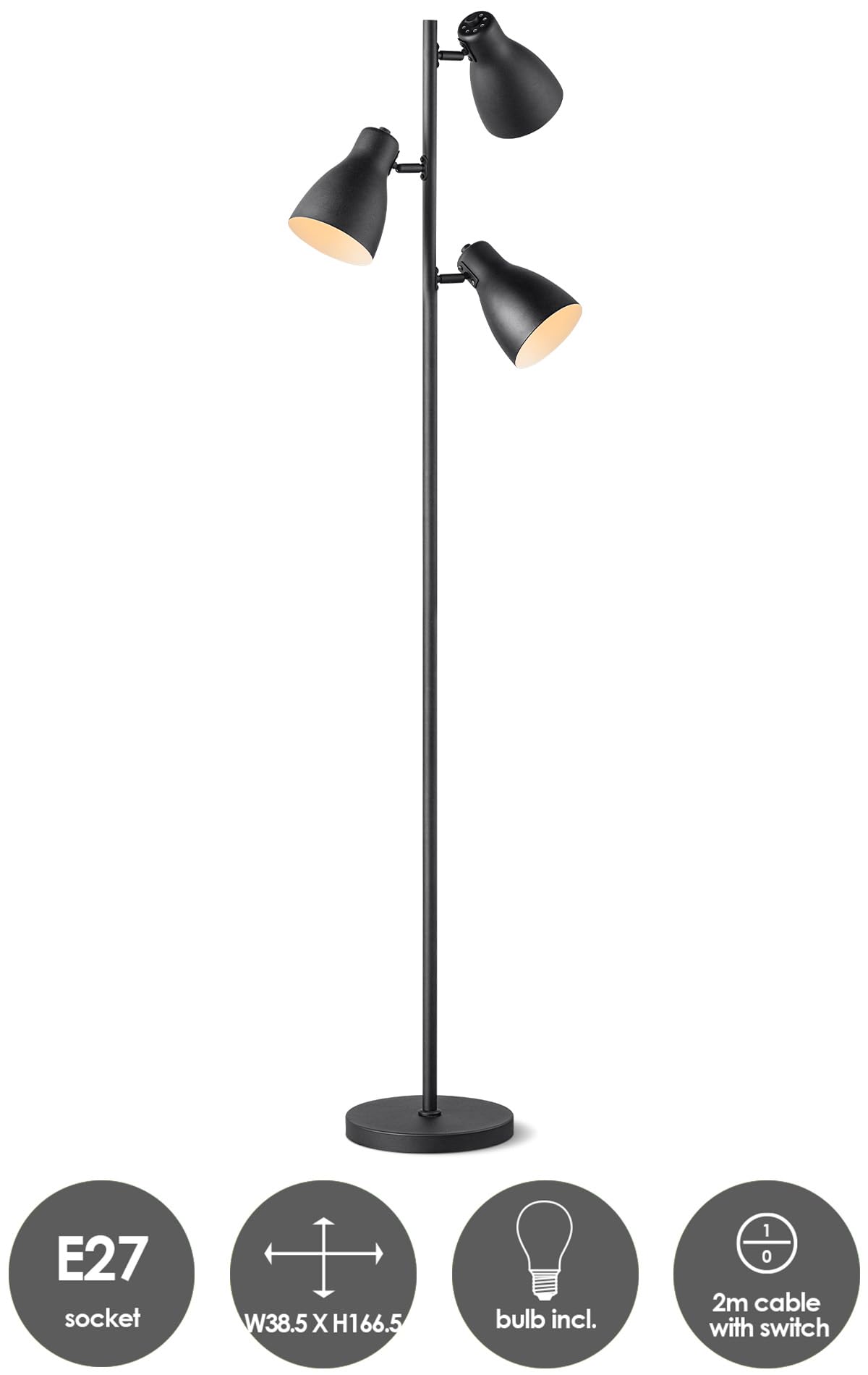 Home Sweet Home Stehlampe Wohnzimmer Vintage 3 Flammig, Inkl. LED E27 Leuchtmittel – 165.8cm Retro Stehleuchte Schwarz Metall, Modernes Industrial Design für Schlafzimmer & Büro