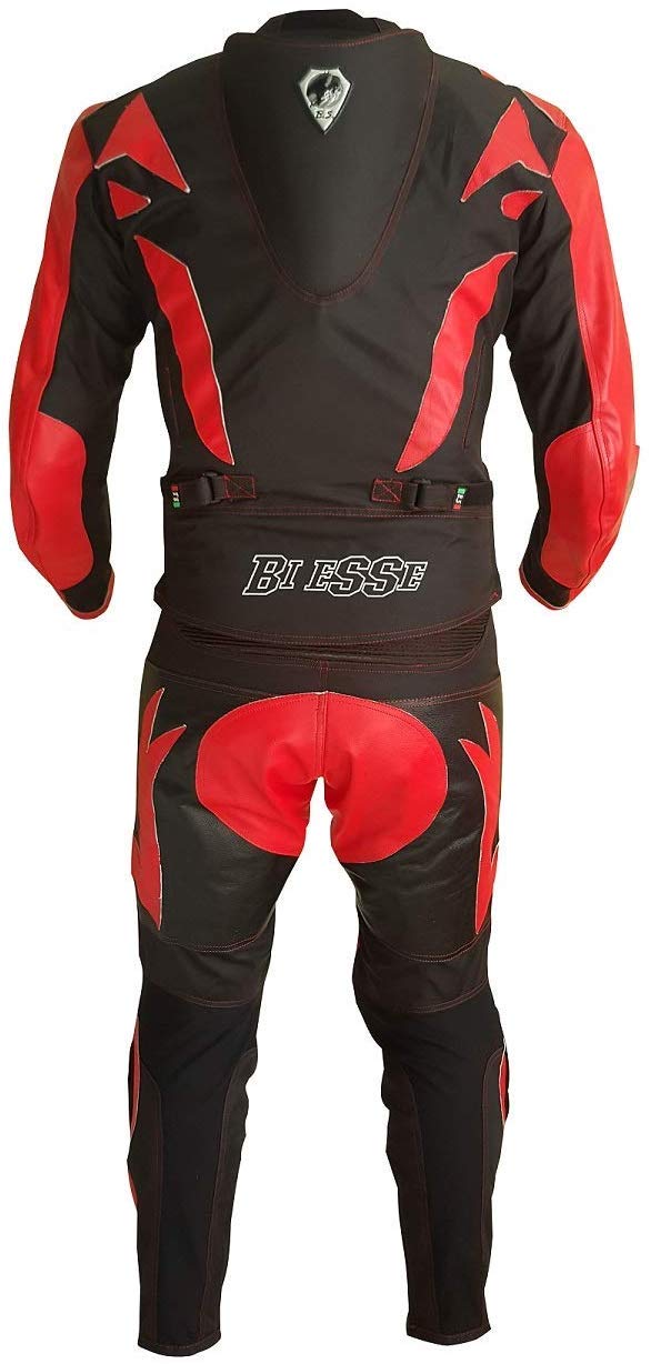 BI ESSE Traje de moto para adulto de piel y tejido, divisible en 2 piezas, chaqueta y pantalón, ajustable, con protecciones