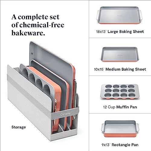 Caraway Nonstick Ceramic Bakeware Set (5 Pieces) - Baking Sheets, Assorted Baking Pans, Cooling Rack, & Storage - Aluminized Steel Body - Non Toxic, Ptfe & Pfoa Free - Perracotta #TOP2