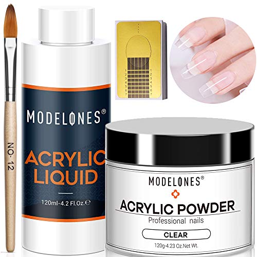 Modelones Professional 4.2oz Big Capacity Acrylic Powder Kit Set 4.2oz Clear Acrylic Powder 4.2oz Monomer Liquid Acrylic Nail Forms 50pcs Acrylic Nail Brush No Nail Lamp Needed