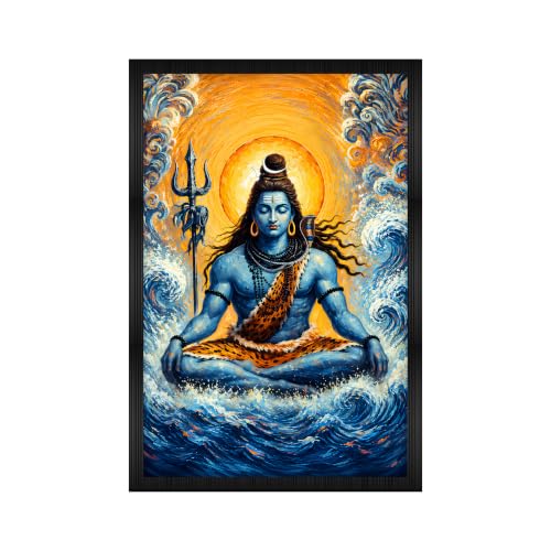 Image of Lord Shiva Premium Framed Wall Poster (12x18 Inch) | Shiva Meditation Wall Art | Hindu Spiritual Decor with Trishul & Ocean Waves for Puja Room, Bedroom, Living Room & Meditation Space
