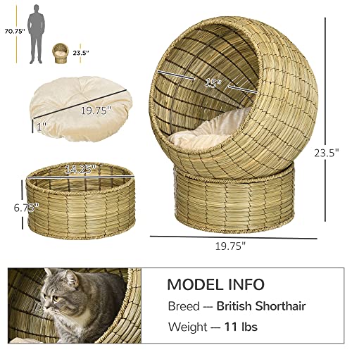 Pawhut Cat Basket Bed With Soft Cushion & Cat Egg Chair Shape, Mat Grass Woven Elevated Cat Bed Kitty House With Stand, Raised Wicker Cat Bed For Indoor Cats, 20" Dia. X 23.5" H, Yellow #TOP2