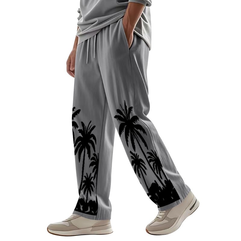 Men's Linen Pants Coconut Palm Print Pants Loose Straight Leg Drawstring Elastic Waist Trendy Outdoor Beach Trousers