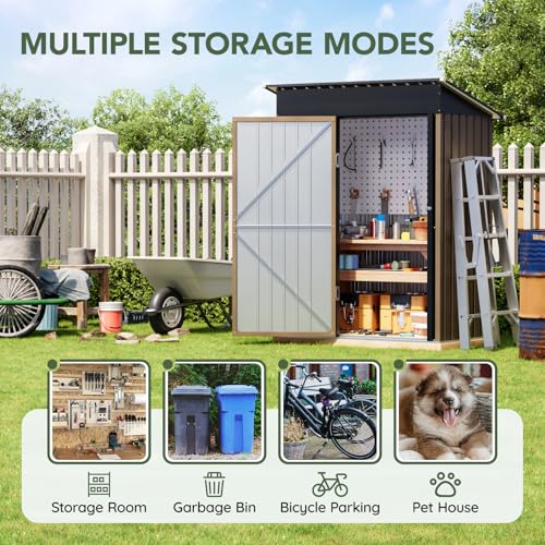 Image of 3x5 FT Outdoor Metal Storage Shed with Floor Frame, Single Door, 1 Clear Window, Tool Shed for Garden, Patio, Backyard Brown