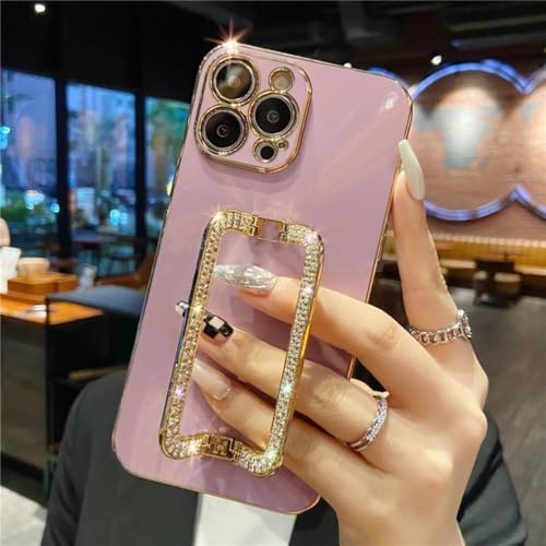 Coque iPhone 14 Pro violette paillettes or support téléphone métal