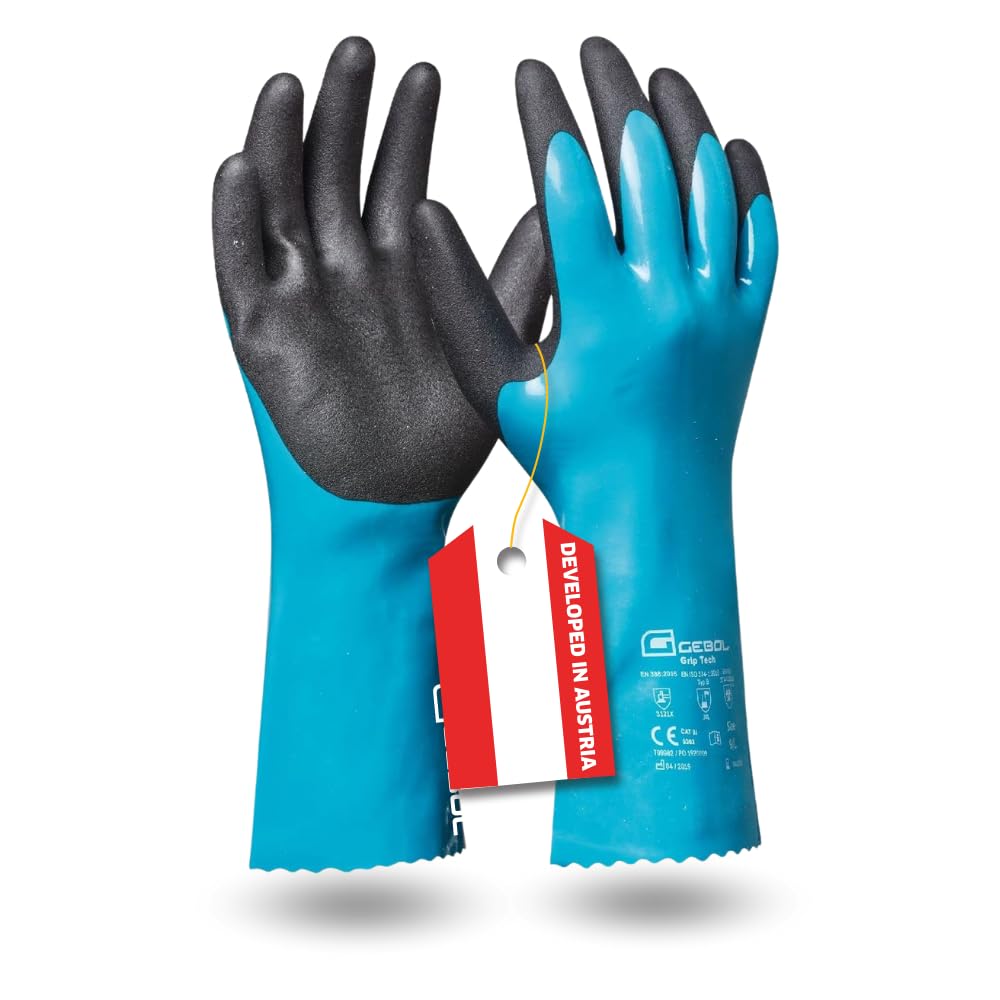 Gebol Grip Tech, 1 Paar Chemikalienbeständige Nitrilhandschuhe, Nitril-PVC-Mischung, Putzhandschuhe für Industrie & Werkstatt, Nylon-Futter, für Herren, Gr. L/9