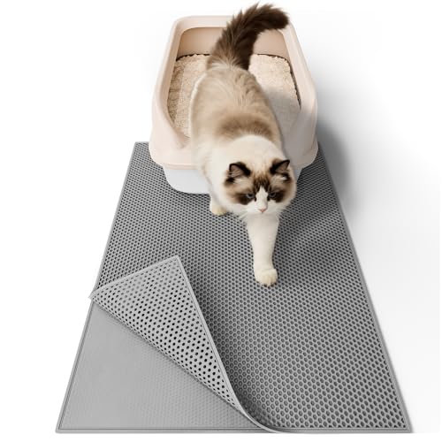 Garoopion Tapis Litiere Chat, 61x38 cm Imperméable Tapis de Litière pour Chat，Non Toxique EVA Chat Litiere, Double Couche en Nid d'abeille Design, Gris, 1 Côté Connecté