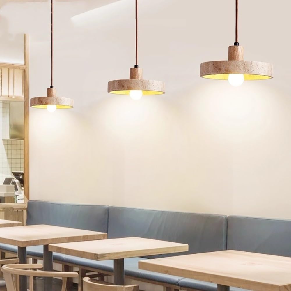 Pendelleuchte aus Japanischem Gelbem Travertin, Hängelampe aus Rundem Naturstein im Nordischen Stil mit Holzdetail Kronleuchter für Kücheninsel Schlafzimmer Nachttisch(Wood)