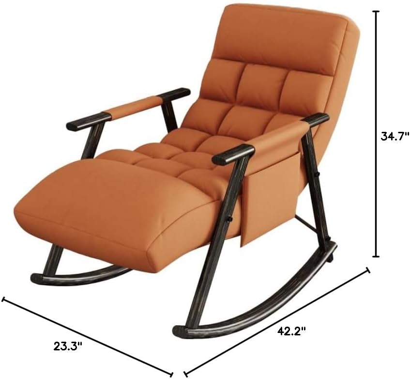 Rocking Recliner Chair, Adjustable Indoor Rocker Recliner with High Back and Footrest, Foldable Lounge Chair with Side Pockets, Soft Padded Seat, Stable Iron Frame (Orange + Velvet)