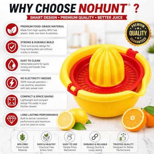Image of Premium Manual Citrus Juicer with Strainer | Lemon Squeezer & Orange Juicer | Hand Press Juicer with Seed Separator & Juice Collector Bowl | Easy to Use Kitchen Tool (Orange)