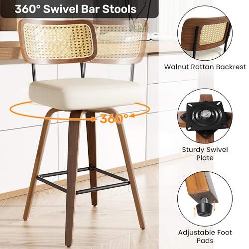 Image of Swivel Bar Stools Set of 1, 26 inch Upholstered Faux Leather Counter Height Barstools with Rattan Back & Bentwood Legs, Mid Century Modern Bar Chairs Island Stools for Kitchen Counter, Cream White