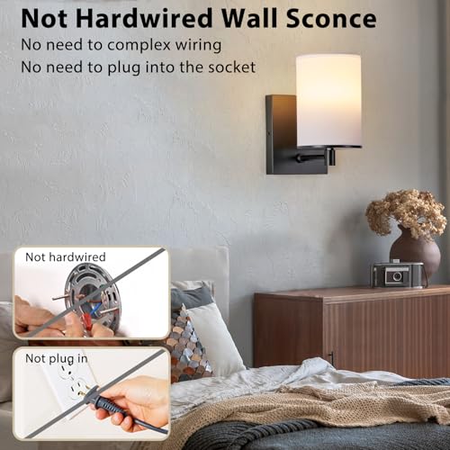 Image of Battery Operated Wall Sconce Set of Two,13 RGB Colors Dimmable Rechargeable Wall Sconces with Remote Control,Wall Lights with Cylinder White Fabric Shade for Bedroom Living Room