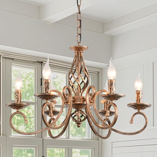 Ganeed Vintage Chandeliers, 6-Light French Country Rustic Candle Chandelier, Farmhouse Metal Pendant Light Fixture for Island Kitchen Dining Living Room - Bronze