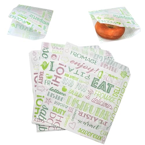 Tocnvoe - 100 pcs Greaseproof Paper for Food, Green Letter Pattern, 19X17 cm, Paper Bag, Wrap Bag, Durable, Moisture and Grease Resistant, for Sandwiches, Hamburgers, Snacks