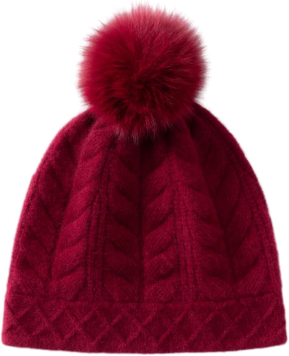 Women Winter Pom Pom Beanie Hat,100% Pure Cashmere,Warm Knit Skull Cap Beanie SL-8010