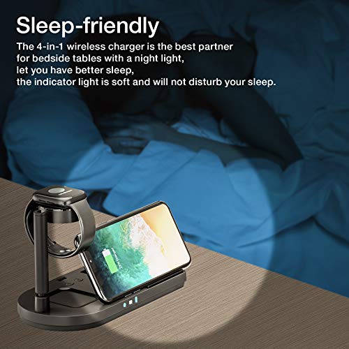 Portable 4 In 1 Charging Station For Apple Products, Wireless Fast Charger Stand With Bedside Lamp Compatible For Iphone14/13/12/11 Series, Airpods Pro 3/2, Iwatch 8/7/Se/6/5/4/3/2 (Black) #TOP5