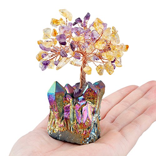 Arbre en cristal de citrine et d'améthyste avec base de quartz titane