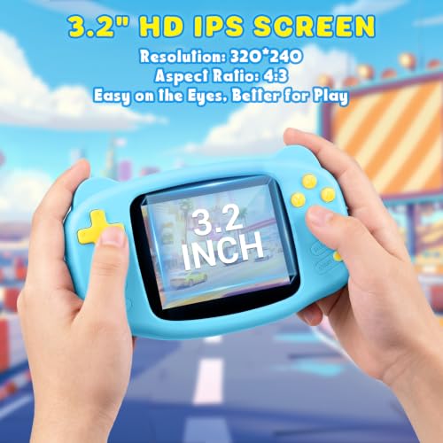 Image of Portable 16 Bit Handheld Game Console for Kids, Retro Gaming Console with 300 Classic Video Games, Handheld Plug & Play Player with 3.2'' IPS Screen, Rechargeable Travel Gift for Boys & Girls (Blue)