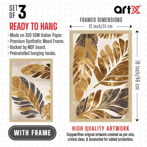 Image of ArtX Paper Leaf Paintings For Wall Decoration, Home Decor Wall Art, Hotel Wall Painting for Living Room, Multicolor, Natural Wood Color Frames, 12.0x18.0 inch, Set of 3