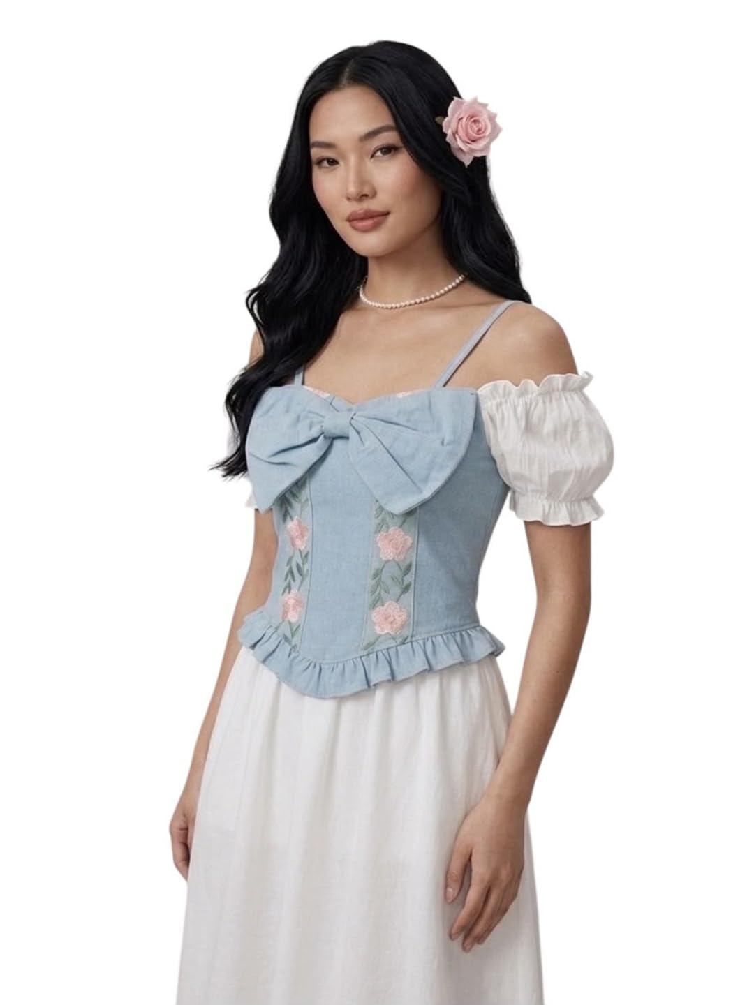 Women's Denim Top with Floral Embroidery and Bow-image-19