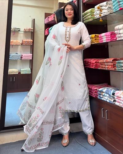 Image of Women's Embroidery Work Georgette Fabric Kurti With Pant & Dupatta | Round Neck & 3 /4 Sleeve | Lightweight & Breathable Fabric-WHITE