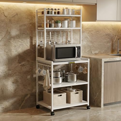 Image of Heavy-Duty 5-Tier Microwave Oven Stand with Wheels | Metal Kitchen Appliance Rack with Hooks & Storage Shelves | Air Fryer, OTG, Oven Organizer Trolley (MS 5 White)