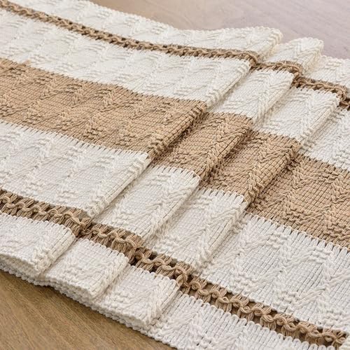 Image of FEXIA Boho Table Runner for Hoilday Spring Home Decor with Tassels 72 Inches Long Pottery barn Furniture Farmhouse Rustic Macrame Burlap Table Decoration for Living Room (12x72 Inches)