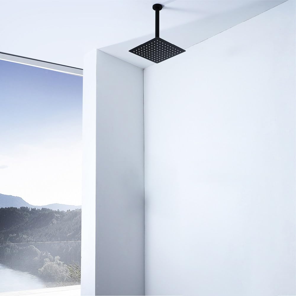 Cabezal de Ducha Lluvia Negro, Rociador de Ducha con Brazo 28 CM para Montaje en Techo, Acero Inoxidable, Ultrafino, Boquillas de Silicona, para Baño, SPA y Hotel