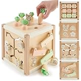 Bieco Motorikwürfel personalisiert aus Holz FSC® – Montessori Activity Cube ab 12 Monaten – Karotten-Steckspiel (Größen sortieren) & Kugelbahn – Zahlen/Motive, Memory, Schiebelabyrinth – Design Hase
