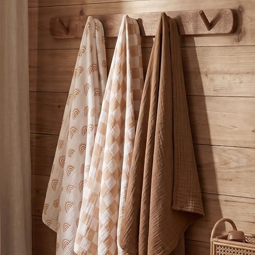 Image of Muslin Swaddle Blankets for Newborn, 3 Pack Breathable Soft Receiving Blanket, Large 38 x 40 inches Swaddle Wrap Burping Clothes Diapers, Essentials Infant Shower Items, Toddler Gift (Rainbow & Grid)