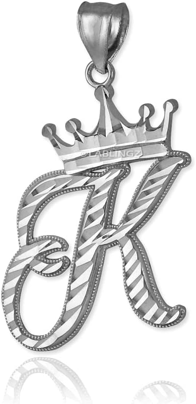 Sterling Silver Letter 'K' Initial Cursive Crown DC Pendant Necklace