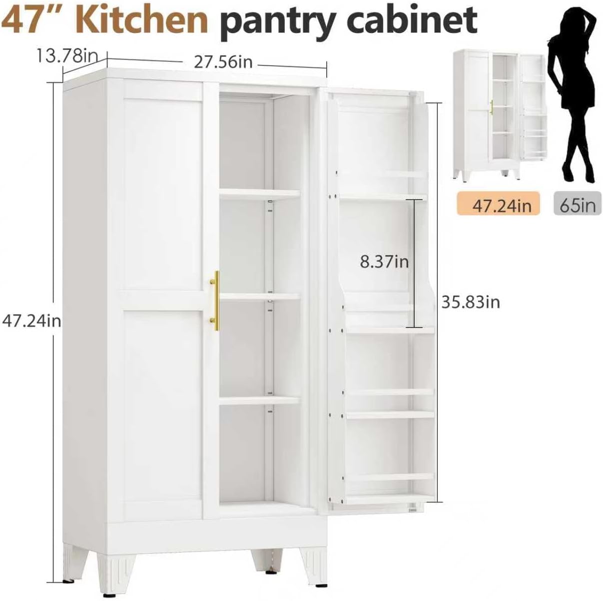 47" Kitchen Pantry Cabinet, Metal Storage Cabinet with 3 Adjustable Layer Shelves, 8 Door Shelves, Buffet Sideboard for Living Room, Kitchen, White