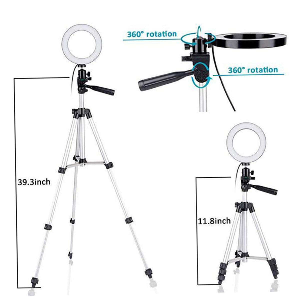 Luce ad Anello LED Supporto per Treppiede per Selfie Video Streaming e Trucco Notturno in Altezza Dimmerabile Alimentato USB Compatibile con Telefoni Cellulari