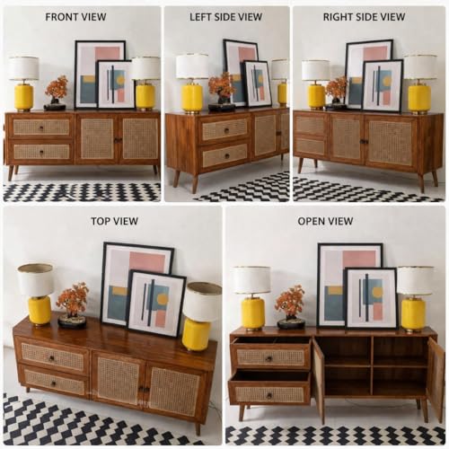 Image of Solid Sheesham Wood Sideboard Cabinet For Living Room | Wooden Cane Design Cabinet With 2 Drawers & 2 Door Storage | Mid Century Modern Sideboard For Hallway, Office, & Lounge | Natural Finish