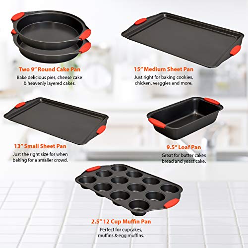 Baking Pan 10 Piece Set Nonstick Carbon Steel Oven Bakeware Kitchen Set With Silicone Handles, Cookie Sheets, Round Cake Pans, Square Pan, Loaf Pan, Roasting Pan, Pizza Crisper, Muffin Pans By Perlli #TOP1