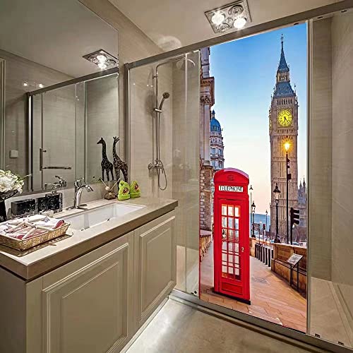 Door Sticker Decal Removable Peel And Stick Wallpaper, London Red Phone Booth And Big Ben Building Wall Mural For Door Art Decor #TOP5