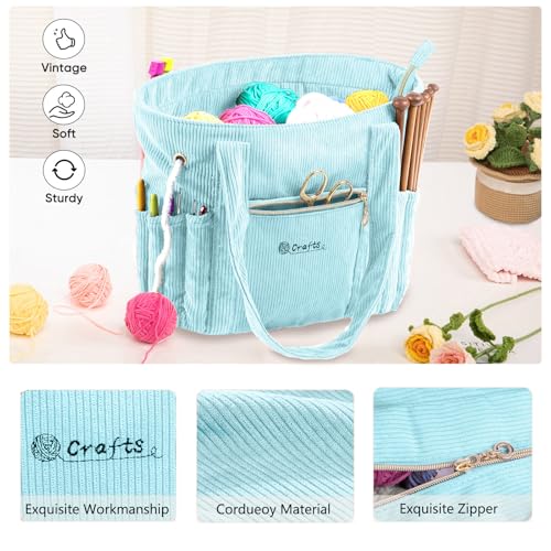 Image of MYBAGZING Corduroy Crochet Bag 11.5 inch Large Yarn Storage Tote with Grommets, Needle Holders - Knitting Bag Organizer for Crochet Hooks, Accessories, Tools & Projects -Gift for Knitters & Crafters