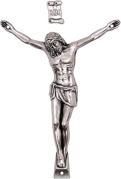 Silver-Tone Metal Corpus and INRI Sign | Make a Custom Crucifix | DIY Catholic Home Devotional Decor | Detailed Figurine of Jesus with Crown of Thorns and Arms Outstretched 3 Inch