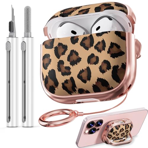 Image of Inesore for AirPods 4 Case Cover 2024 with Lock-Black+ Brown Leopard | Two-Piece Design,with Gold Keychain & Cleaning Pen,Support Wireless Charging,Cute Luxury Case for Women Girly