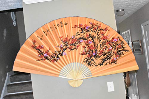 Large 60 X 35 Light Pumpkin Color Fan with White & Fuchsia Cherry Blossom Flowers on a Branch Hand Painted Oriental Hanging Wall Fan