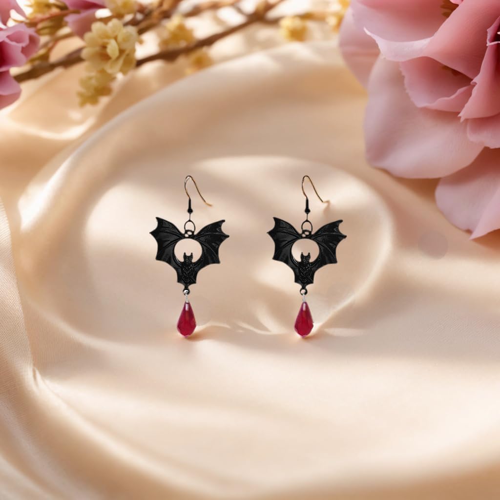 Gothic Bat Earrings for Women Punk Style Red Black Crystal Bat Drop Dangle Earrings Goth Vampire Earring Halloween Jewelry Witch Costume Accessories for Women - Image 5