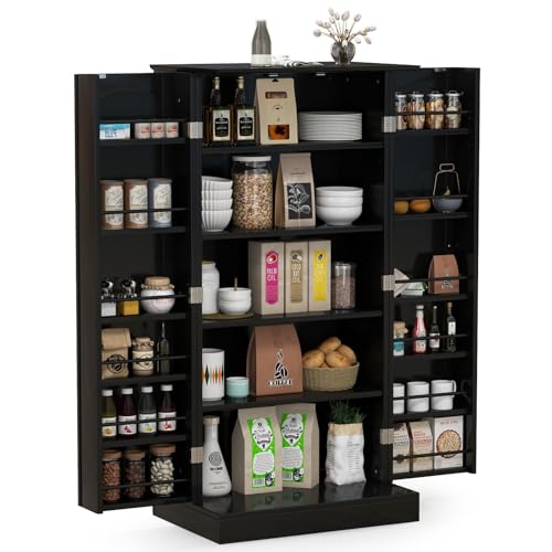 COSTWAY Kitchen Cupboard, Buffet Pantry Cabinet with Countertop, Doors, 17 Shelves & Guardrail, Space-saving Storage Organizer for Dining Living Room (Black, 60x40x120cm)