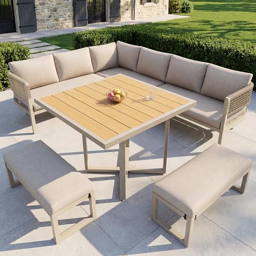 Ensemble Salon de Jardin Exterieur 8/10 Personnes, Canape D'Angle avec Grand Table de Repas en Resine Tressee, Structure en Corde Synthetique, Coussins Inclus,...