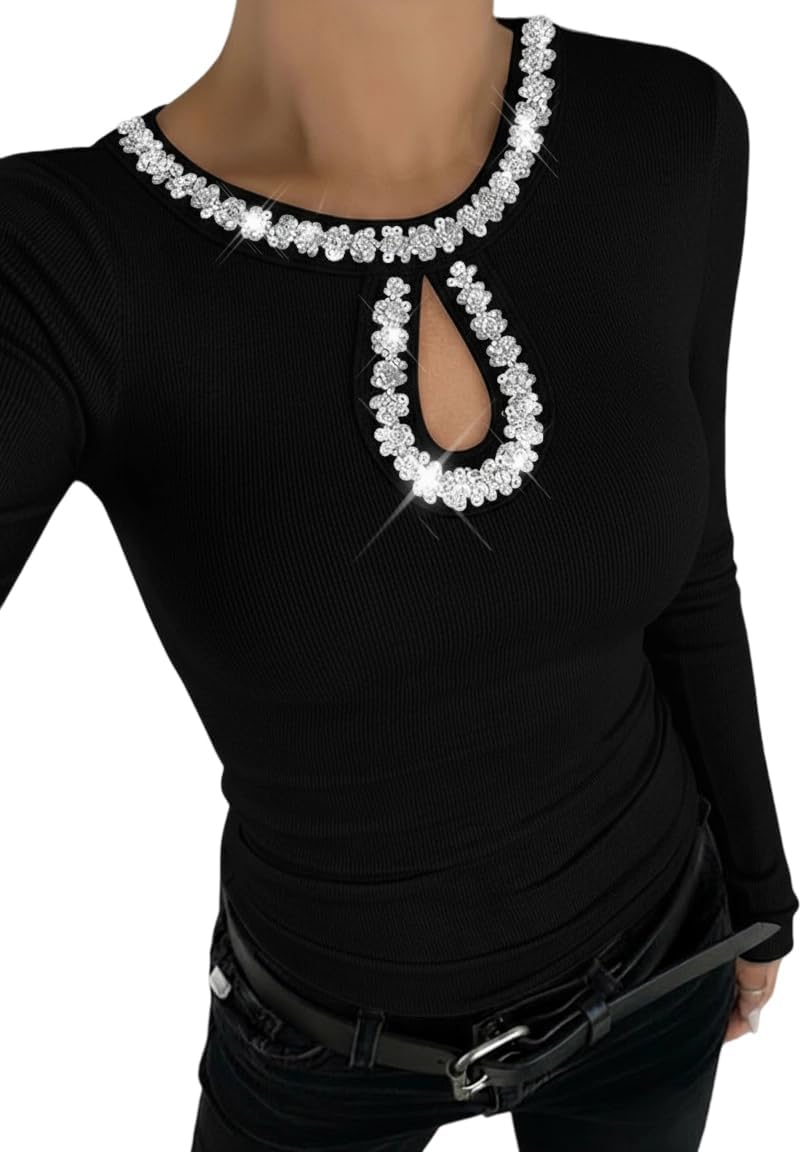 Women Long Sleeve Shirt Going Out Top Rhinestone Sequin Keyhole Neck Knit Ribbed Slim Casual T-Shirt - Image 8
