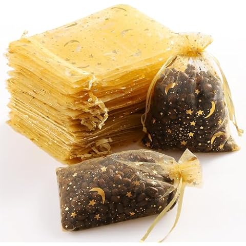 Hopttreely 100 Pieces Moon Star Organza Jewelry Candy Bags, 4x6 Inch Gold Organza Pouch Small Gift Bags with Drawstring for Christmas Party Favors Wedding Valentine's Day Eid Mubarak Party Favor Bags Cover