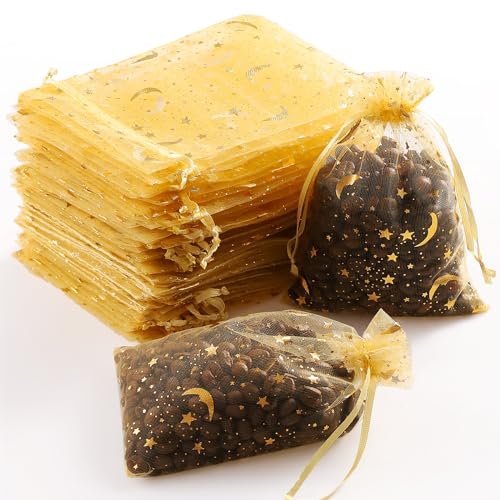 Hopttreely 100 peças de joias de organza lua estrela sacos de doces, 10 x 15 cm bolsa de organza dourada pequenos sacos de presente com cordão para lembrancinhas de festa de Natal, casamento, dia dos