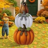 Otoolling 3 Pcs Fall Metal Stacked Pumpkin Garden Stakes Outdoor 3D Retro Pumpkin Decoration Fall Yard Stakes Lawn Signs Decorative for Autumn Harvest Holiday Pathway Patio Decor