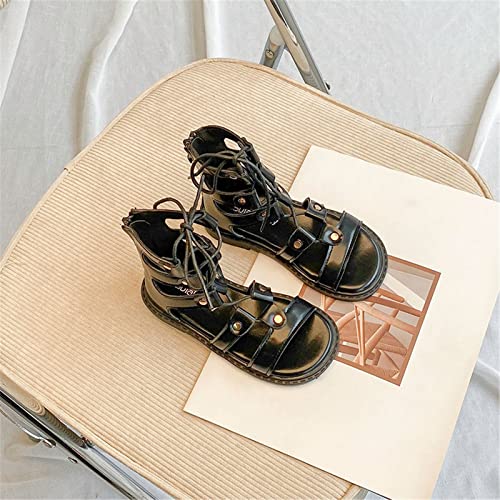 Toddler Girls Lace-up Sandals Back Zipper Open Toe Sandals Summer Strappy Sandals Casual Shoes (Black, 12.5 Little Child)2